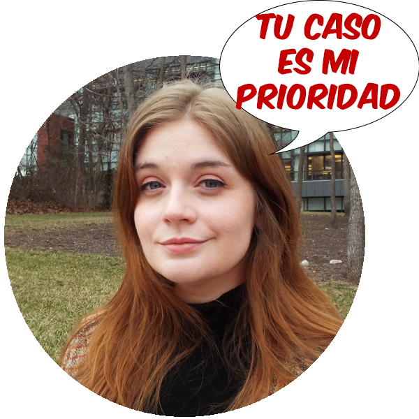 Bea Asboth sonriendo con su pelo suelto y con una burbuja de texto que dice -Tu caso es mi prioridad-.