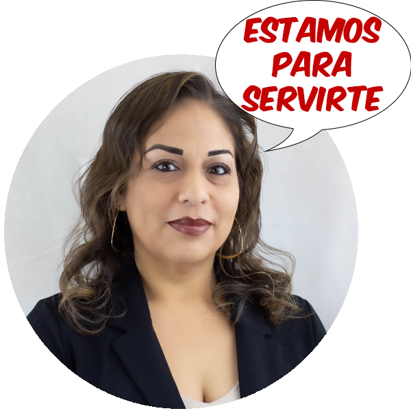 Jessica Moore posando con una burbuja de texto que dice -Estamos para servirte-.